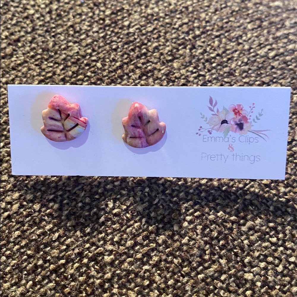 Pink beige Leaf stud Earrings handmade